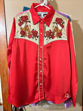 Rodeo Quincy Horses & Horseshoes Button Up Red & Beige Large
